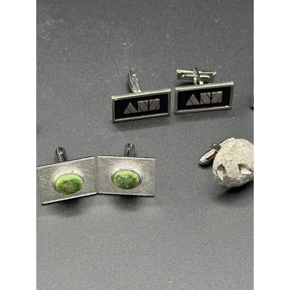 Vintage Cufflinks Lot of 5 Pairs Silver Tone Textured Stone Modern Retro Styles